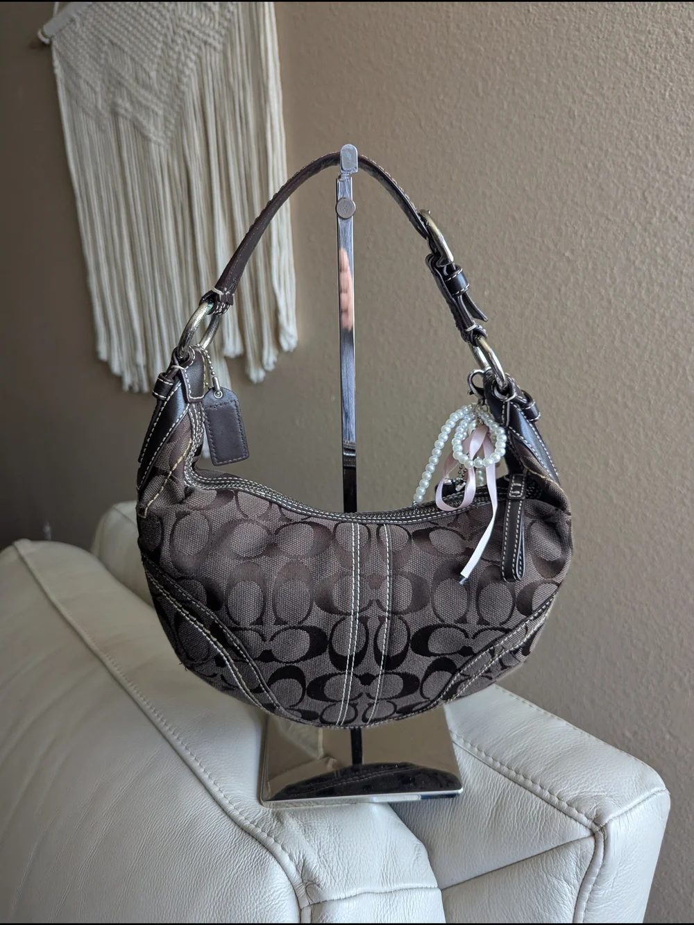 Vintage Coach SohoSignature Canvas HoboShoulder Bag in chocolate brown.